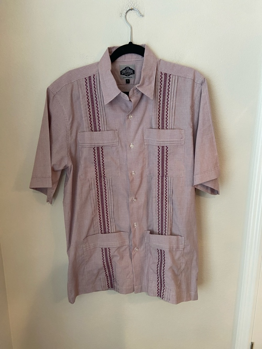San Cristobal Maroon Check Embroidered Short Sleeve Guayabera Shirt L